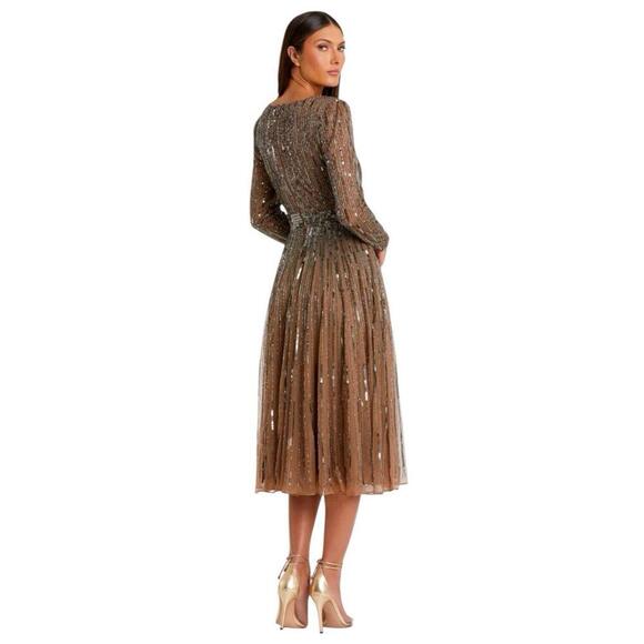 MAC DUGGAL 5528 Long Sleeve Tea Length Midi Dress Sz 2 Dark Taupe NWT $398 ✨ - Picture 5 of 12